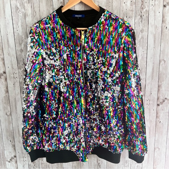 Cresay Women’s Multi-Colored Sequin Bomber Jacket Size Large - Picture 1 of 3